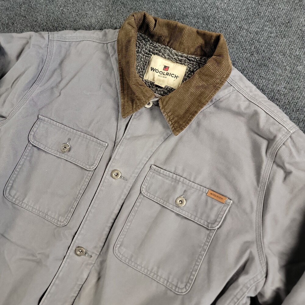 Woolrich Canvas Sherpa Lined Gray Chore Coat Button Up Barn Jacket Mens Size XL